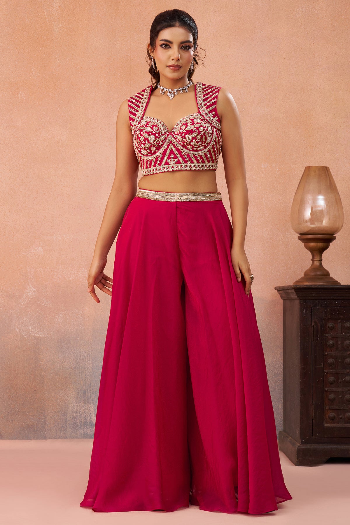 Dark Pink Organza Crop Top Palazzo Set full length wedding guest and festive look