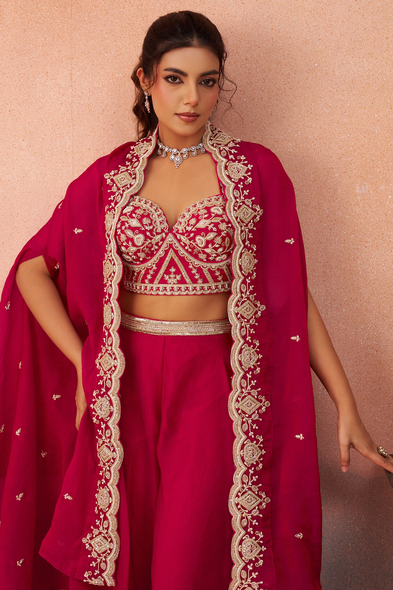 Dark Pink Organza Crop Top Palazzo Set highlighting the premium sheer organza fabric texture close up