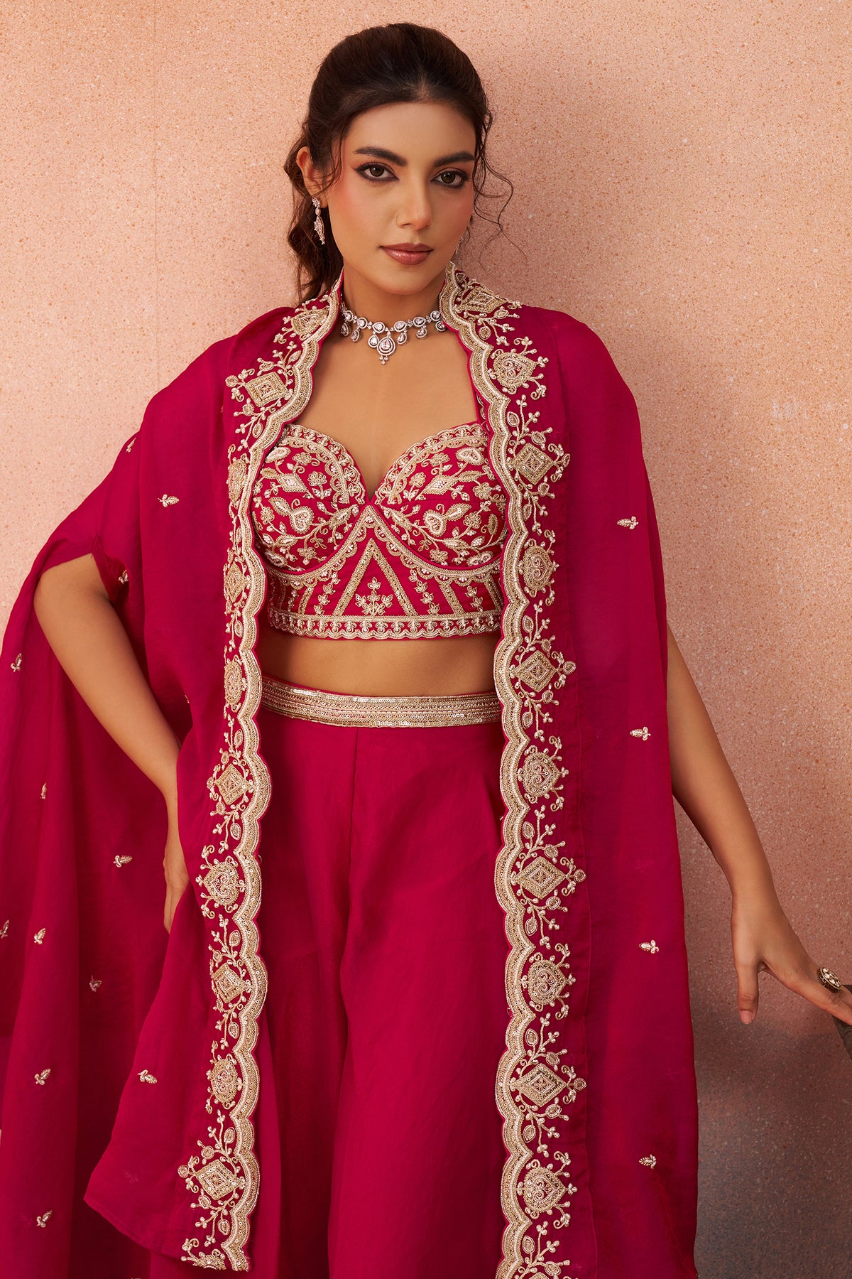 Dark Pink Organza Crop Top Palazzo Set highlighting the premium sheer organza fabric texture close up