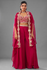 Dark Pink Organza Crop Top Palazzo Set with beads embroidery and flared cape front view