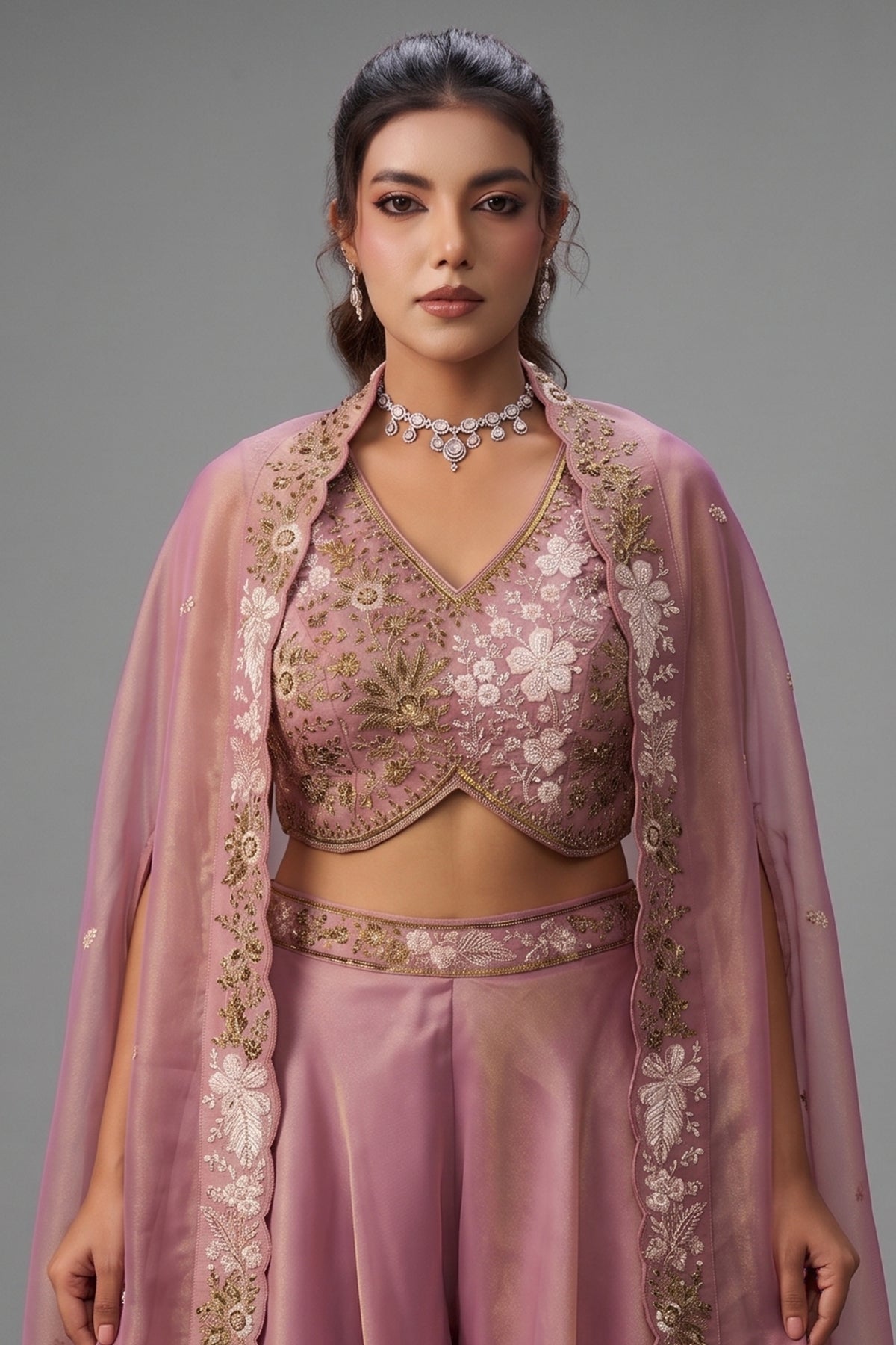 Light Pink Tissue Crop Top Palazzo Set showcasing intricate beadwork and premium embroidery details