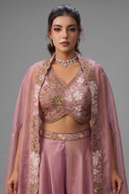 Light Pink Tissue Crop Top Palazzo Set showcasing intricate beadwork and premium embroidery details
