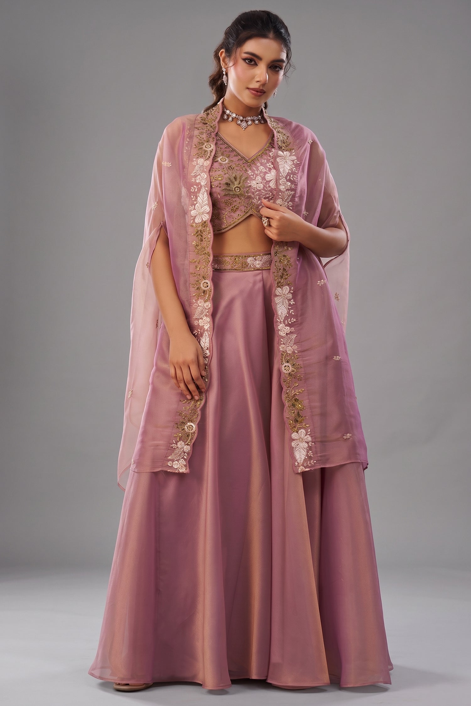 Light Pink Tissue Crop Top Palazzo Set with beads embroidered design and a modern cape front view Main image