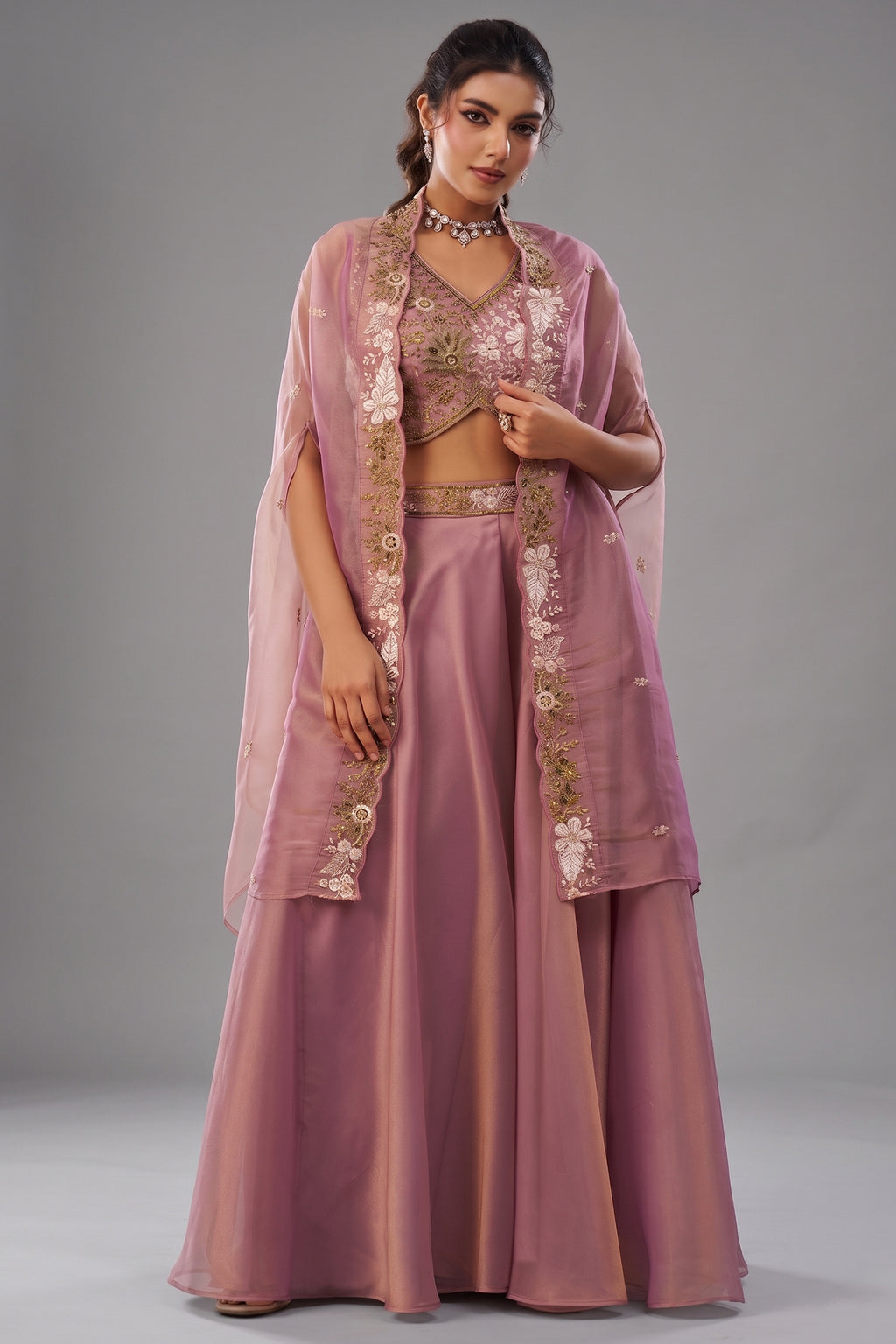 Light Pink Tissue Crop Top Palazzo Set with beads embroidered design and a modern cape front view