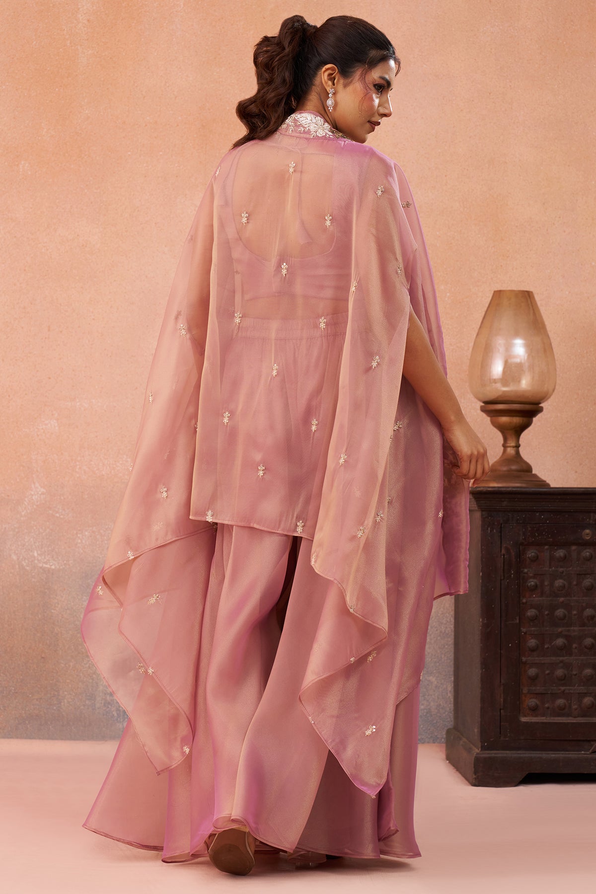 Light Pink Tissue Beads Embroidered Crop Top with Cape and Flared Palazzo Set - red saree embroidered