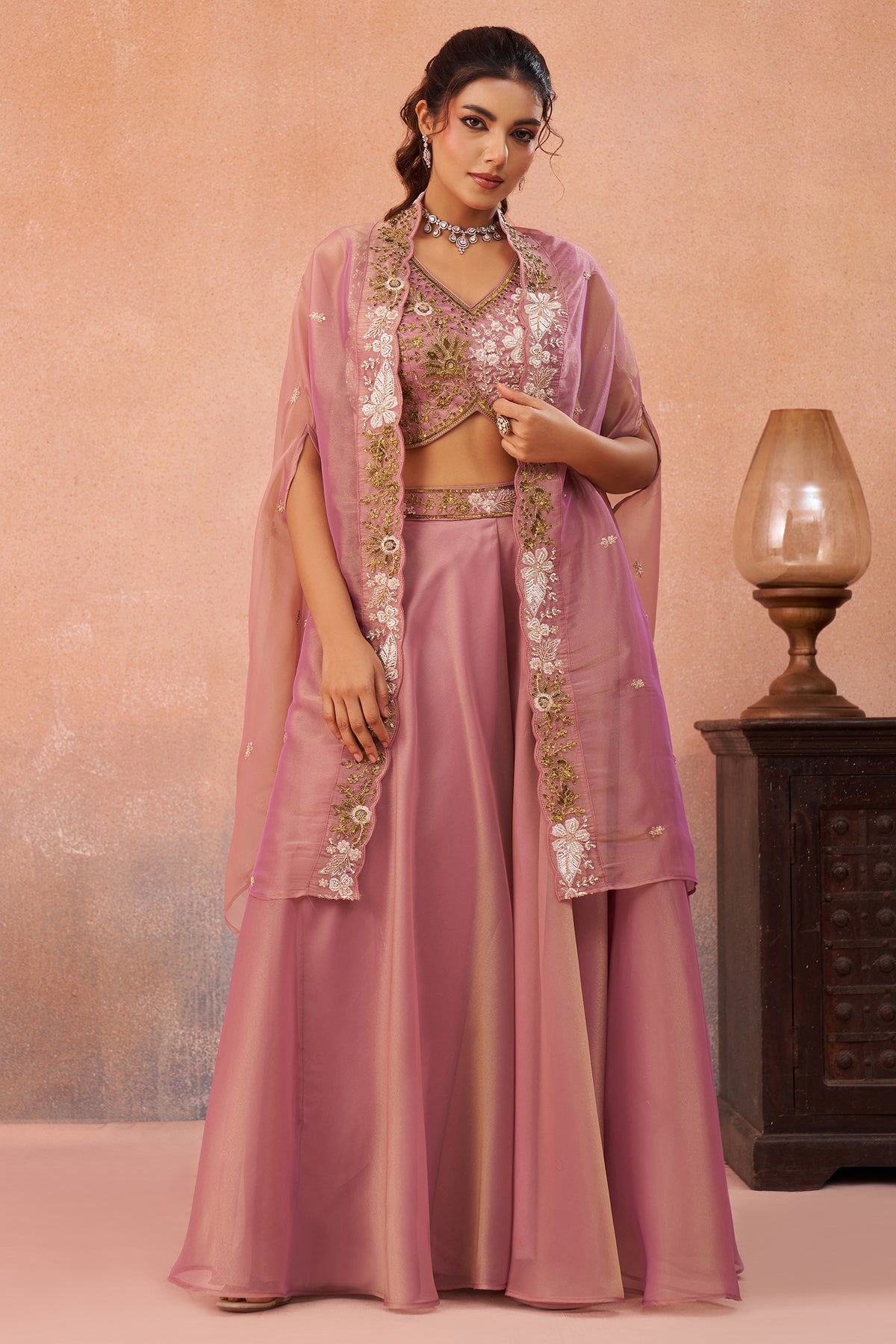 Light Pink Tissue Crop Top Palazzo Set back view featuring an elegant flowing cape drape