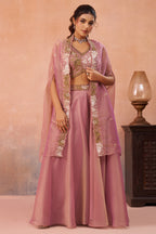 Light Pink Tissue Crop Top Palazzo Set back view featuring an elegant flowing cape drape