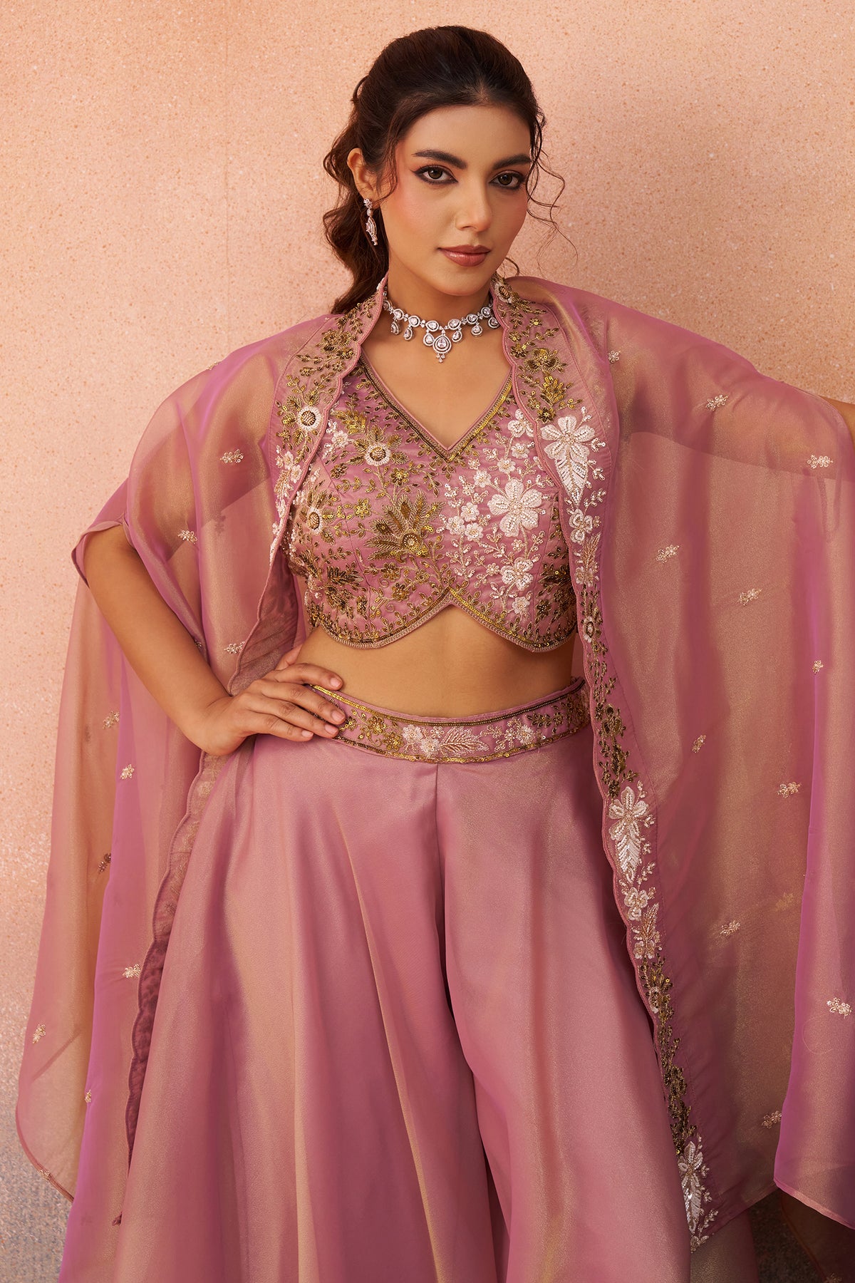 Light Pink Tissue Crop Top Palazzo Set highlighting the premium shimmer fabric texture close up
