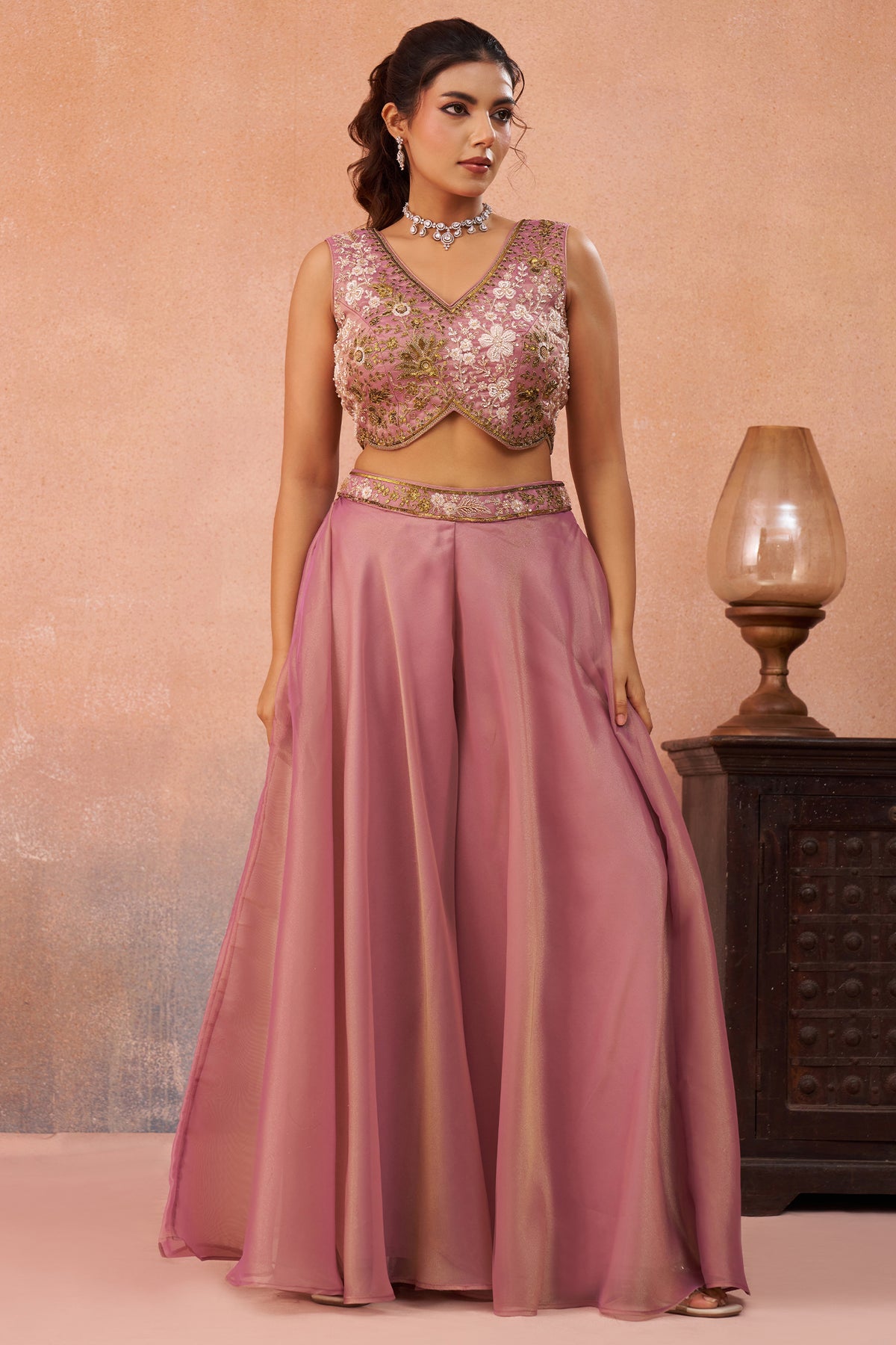 Light Pink Tissue Crop Top Palazzo Set full length look for festive occasions and daytime weddings