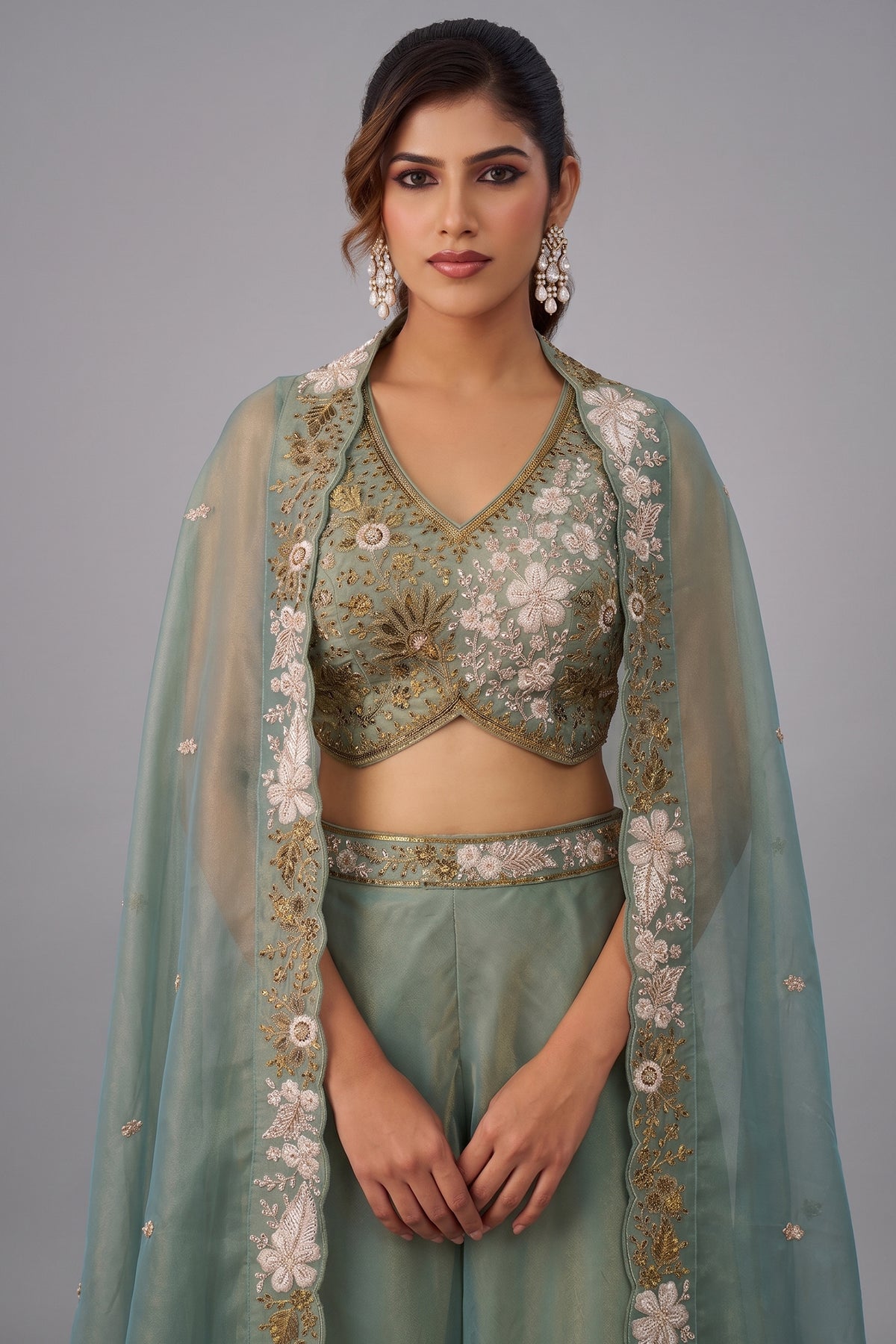 Close up of Sage Green Tissue Beads Embroidered Crop Top with Flared Cape and Palazzo Set Bodice