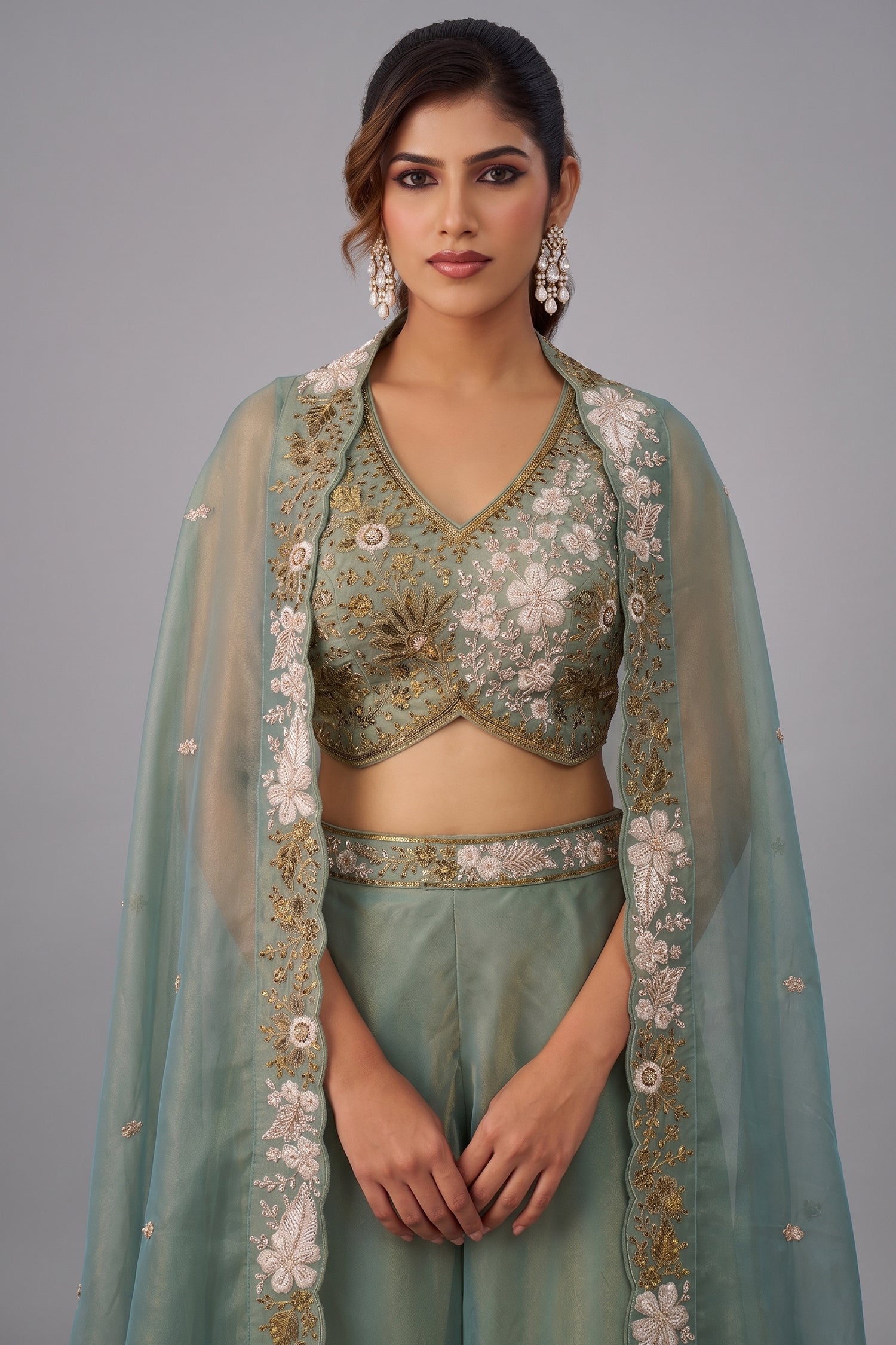 Close up of Sage Green Tissue Beads Embroidered Crop Top with Flared Cape and Palazzo Set Bodice
