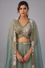 Sage Green Tissue Beads Embroidered Crop Top with Flared Cape and Palazzo Set