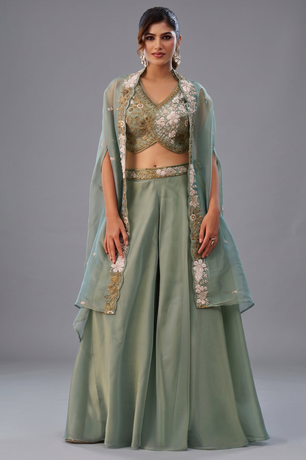 Sage Green Tissue Beads Embroidered Crop Top with Flared Cape and Palazzo Set Front View