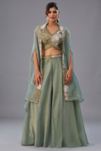 Sage Green Tissue Beads Embroidered Crop Top with Flared Cape and Palazzo Set Front View