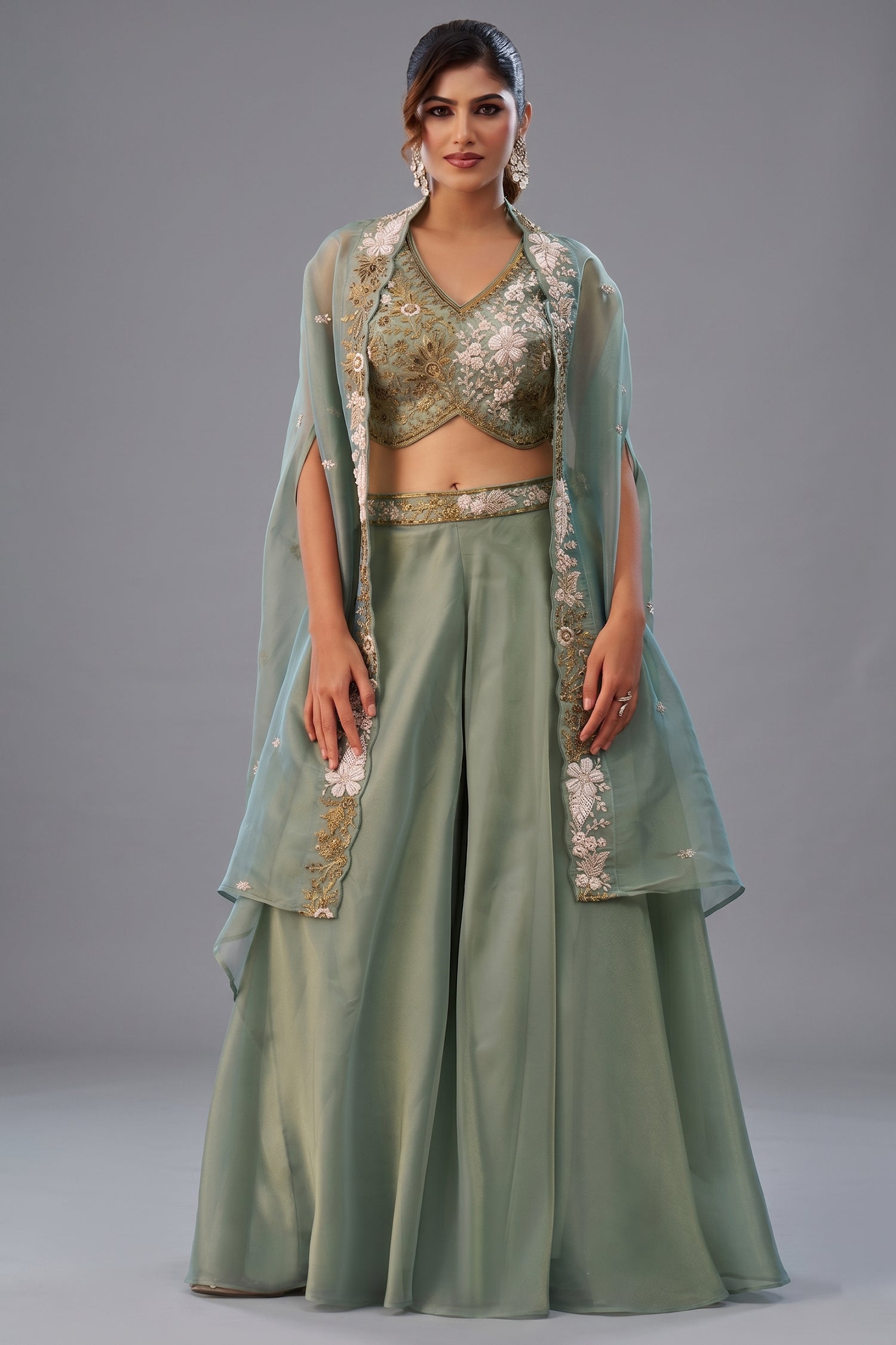 Sage Green Tissue Beads Embroidered Crop Top with Flared Cape and Palazzo Set Front View