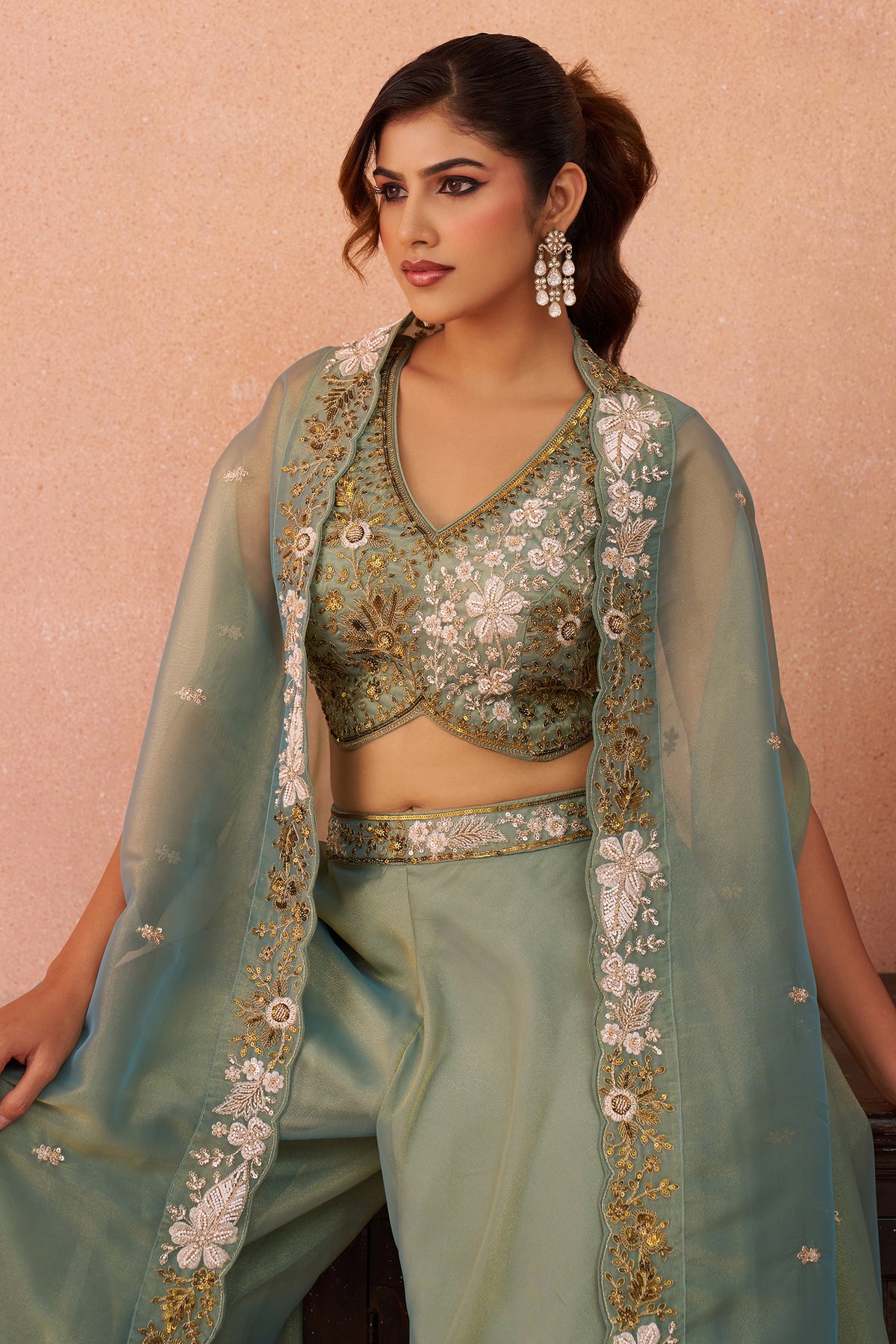 Sage Green Tissue Beads Embroidered Crop Top with Flared Cape and Palazzo Set - red saree embroidered