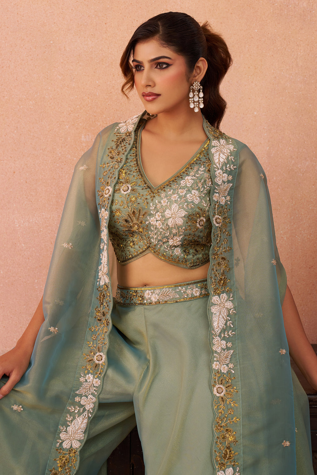 Sage Green Tissue Beads Embroidered Crop Top with Flared Cape and Palazzo Set - red saree embroidered