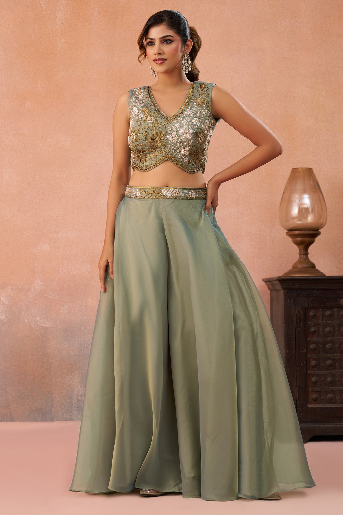 Fabric detail of Sage Green Tissue Beads Embroidered Crop Top with Flared Cape and Palazzo Set
