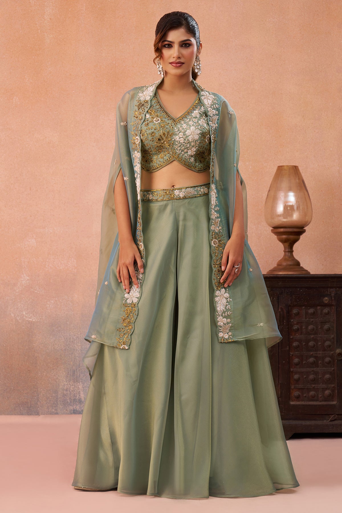 Back view of Sage Green Tissue Beads Embroidered Crop Top with Flared Cape and Palazzo Set