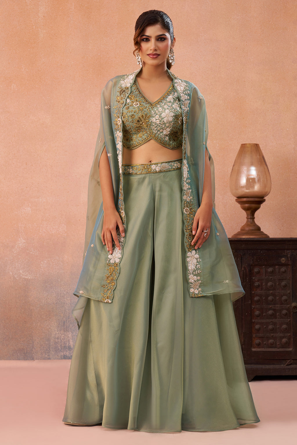 Back view of Sage Green Tissue Beads Embroidered Crop Top with Flared Cape and Palazzo Set