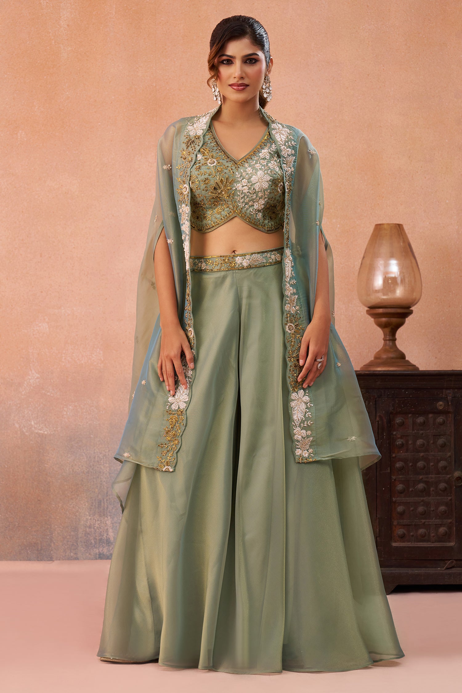 Back view of Sage Green Tissue Beads Embroidered Crop Top with Flared Cape and Palazzo Set