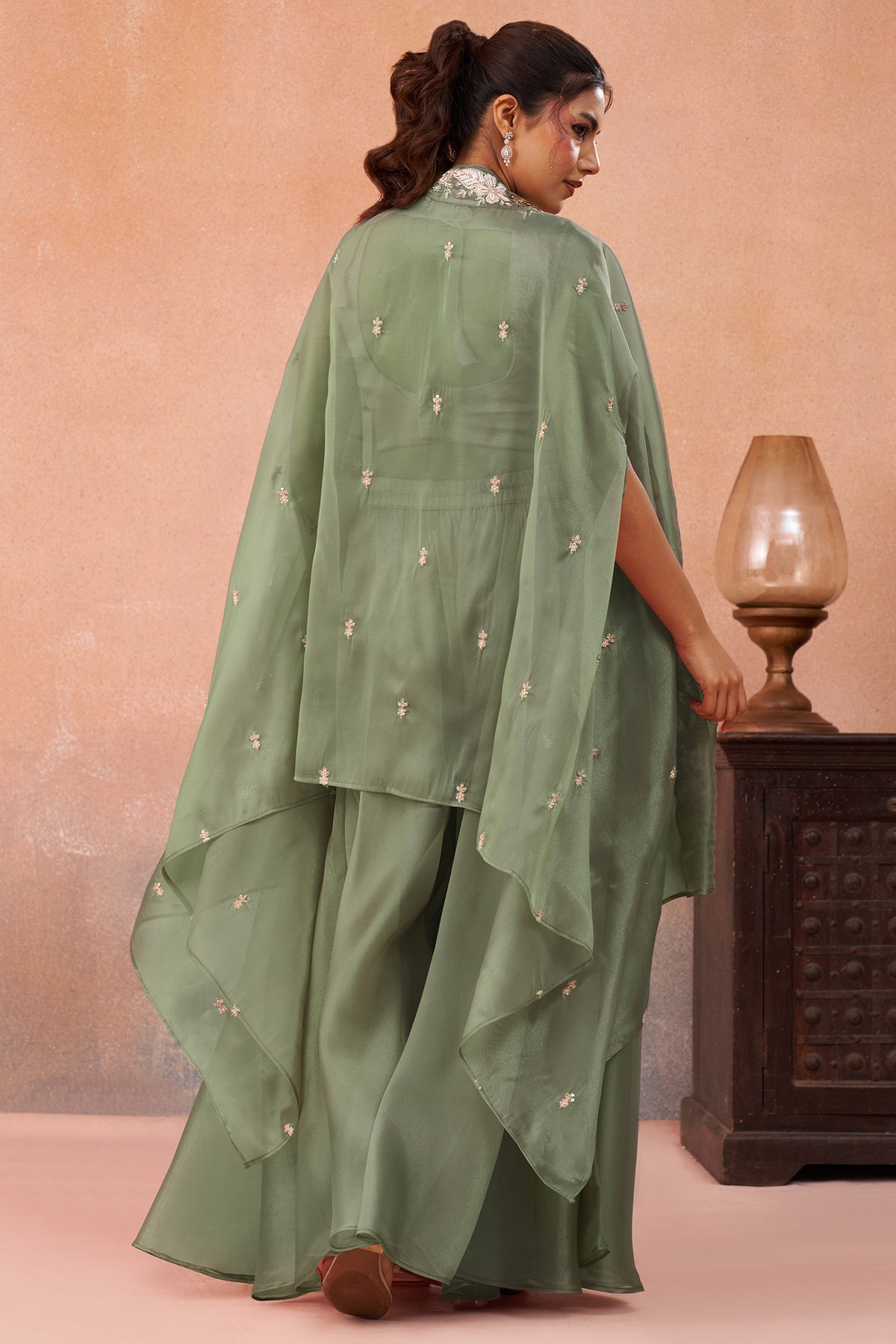 Sage Green Tissue Beads Embroidered Crop Top with Flared Cape and Palazzo Set - red saree embroidered