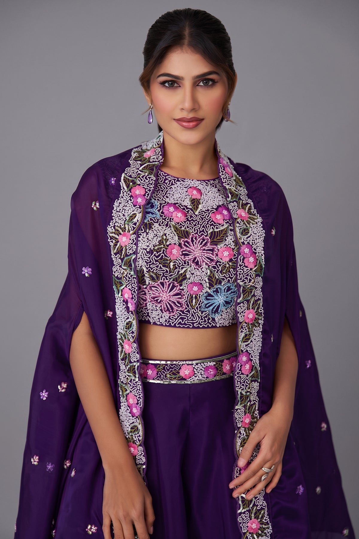 Close up of Royal Purple Crepe Beads Embroidered Crop Top with Flared Cape and Palazzo Set Bodice