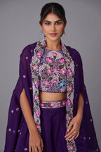 Close up of Royal Purple Crepe Beads Embroidered Crop Top with Flared Cape and Palazzo Set Bodice