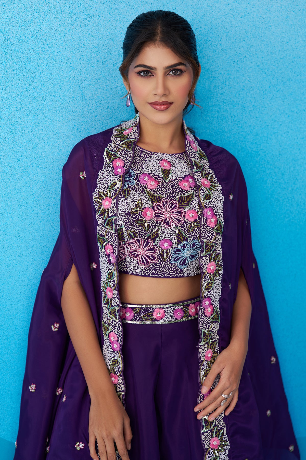 Fabric detail of Royal Purple Crepe Beads Embroidered Crop Top with Flared Cape and Palazzo Set