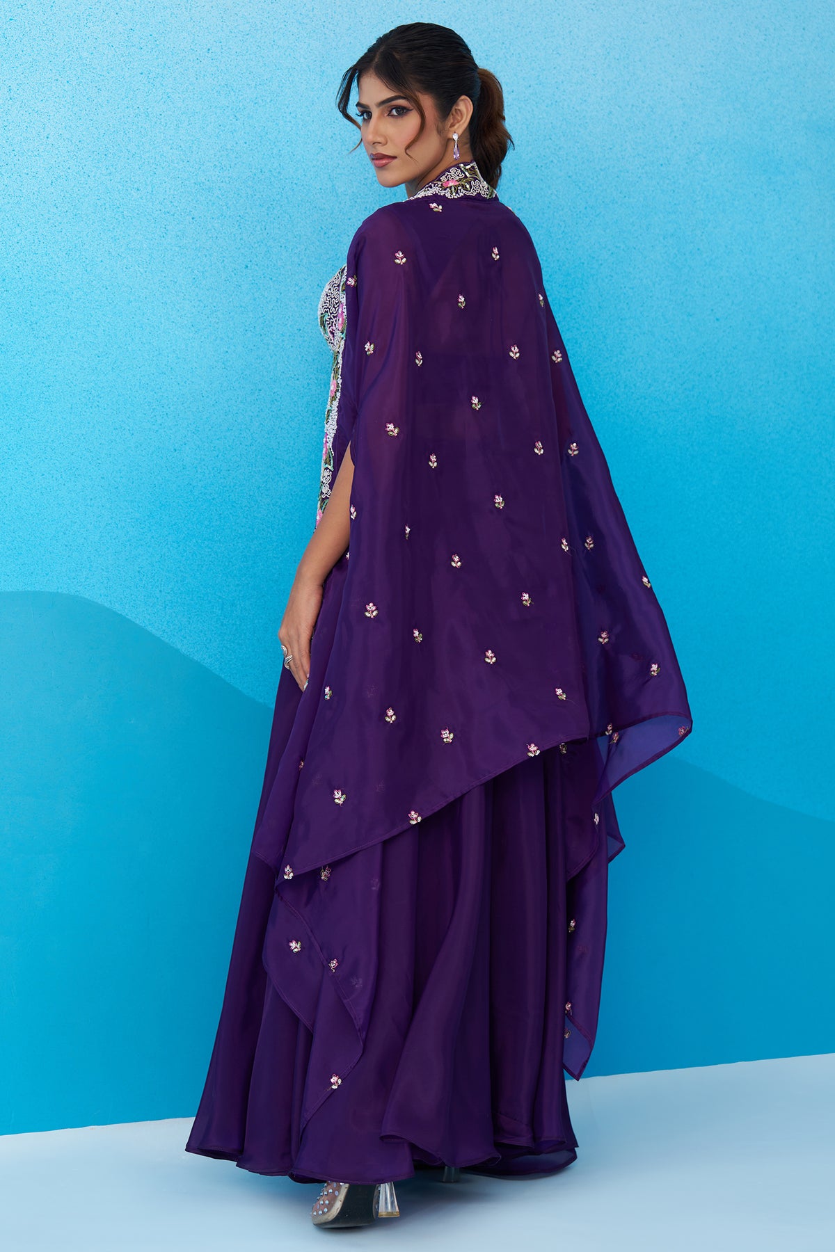 Royal Purple Crepe Beads Embroidered Crop Top with Flared Cape and Palazzo Set - red crepe saree embroidered