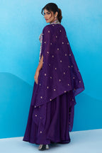 Royal Purple Crepe Beads Embroidered Crop Top with Flared Cape and Palazzo Set - red crepe saree embroidered