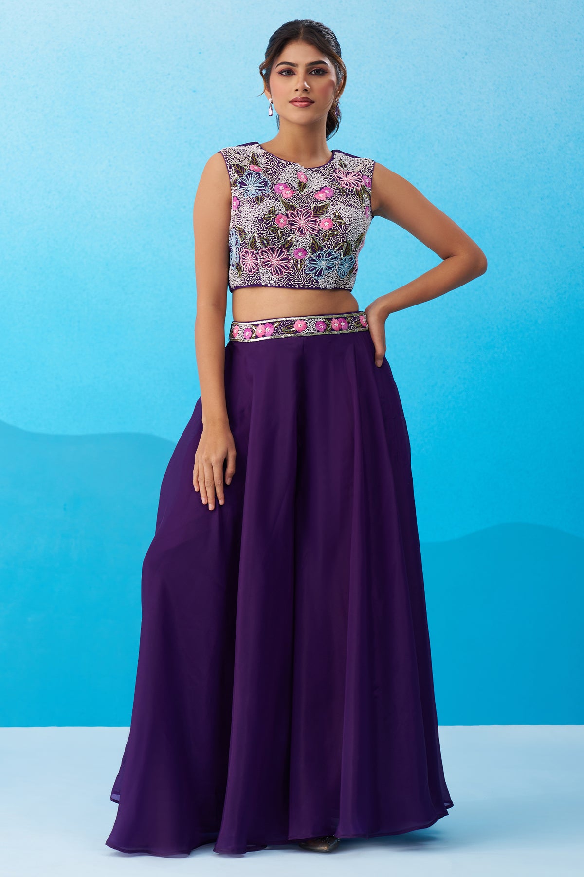 Back view of Royal Purple Crepe Beads Embroidered Crop Top with Flared Cape and Palazzo Set