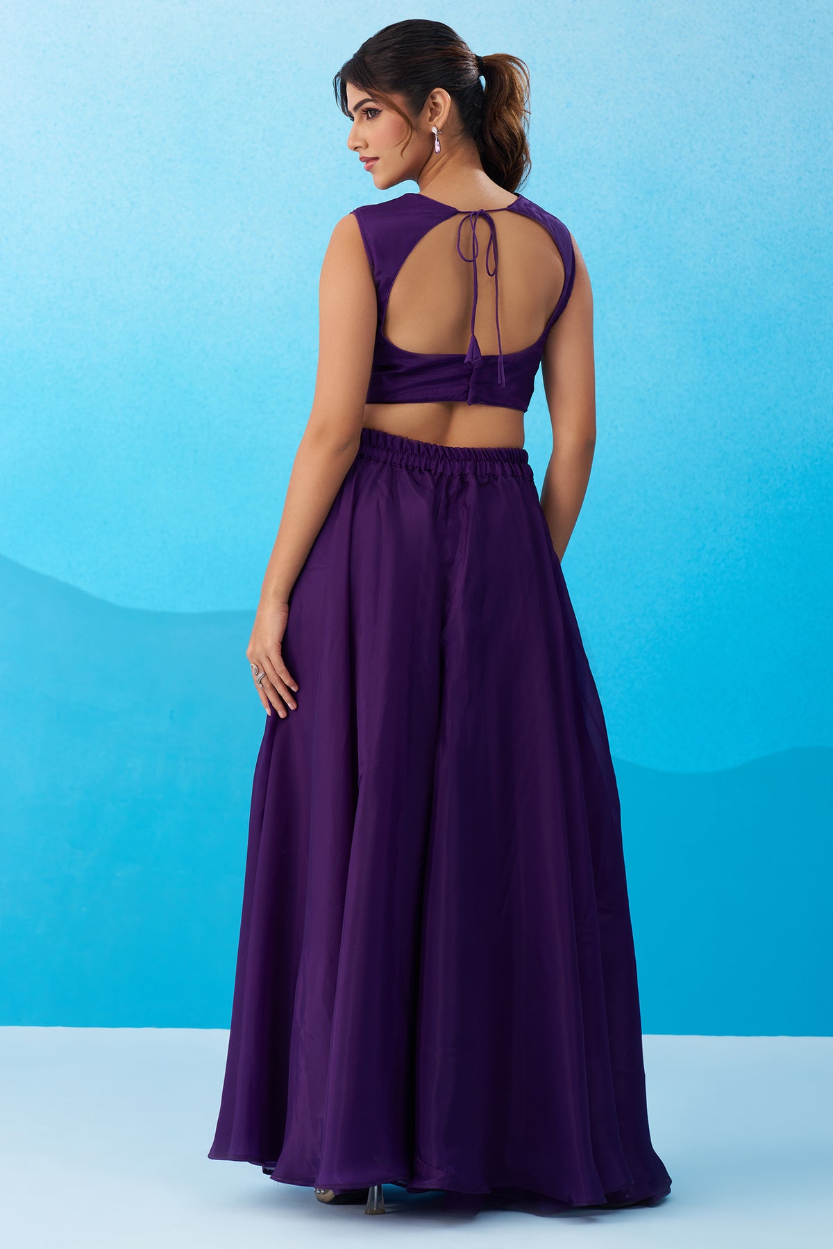 Royal Purple Crepe Beads Embroidered Crop Top with Flared Cape and Palazzo Set - red crepe saree embroidered
