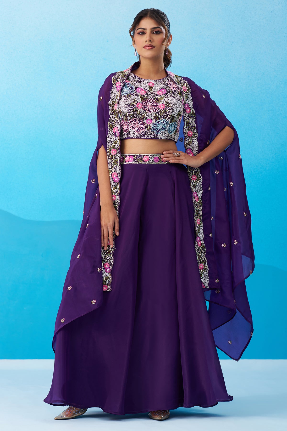 Model wearing Royal Purple Crepe Beads Embroidered Crop Top with Flared Cape and Palazzo Set