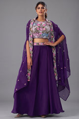 Royal Purple Crepe Beads Embroidered Crop Top with Flared Cape and Palazzo Set Front View
