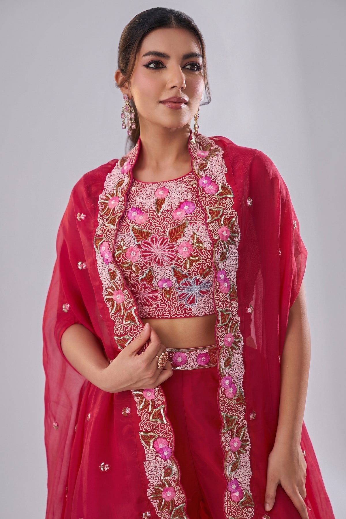 Close up of Dark Pink Crepe Embroidered Crop Top with Flared Cape showing Beads Details