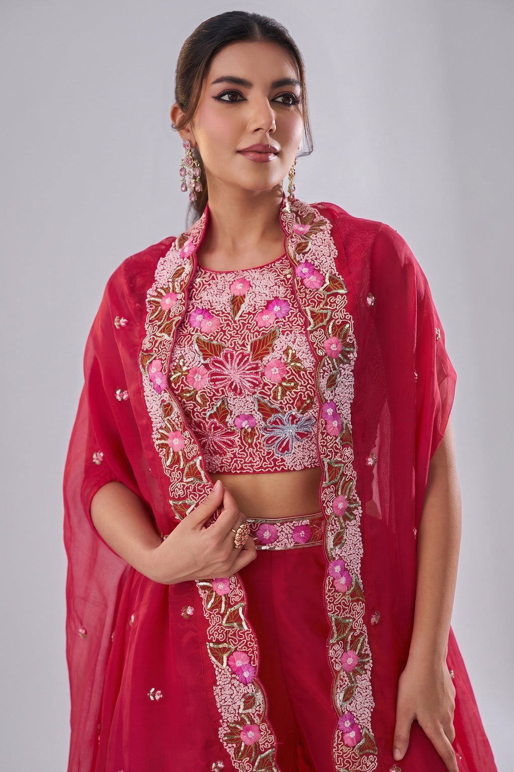 Close up of Dark Pink Crepe Embroidered Crop Top with Flared Cape showing Beads Details