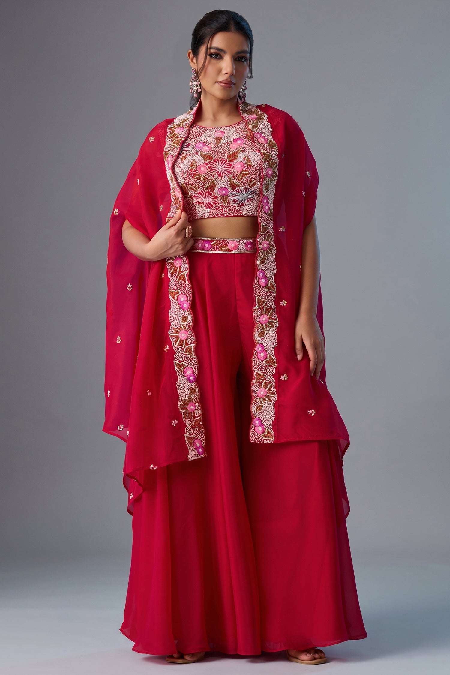 Dark Pink Crepe Embroidered Crop Top with Flared Cape and Flared Palazzo Set Front View Main image