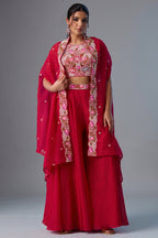 Dark Pink Crepe Embroidered Crop Top with Flared Cape and Flared Palazzo Set Front View