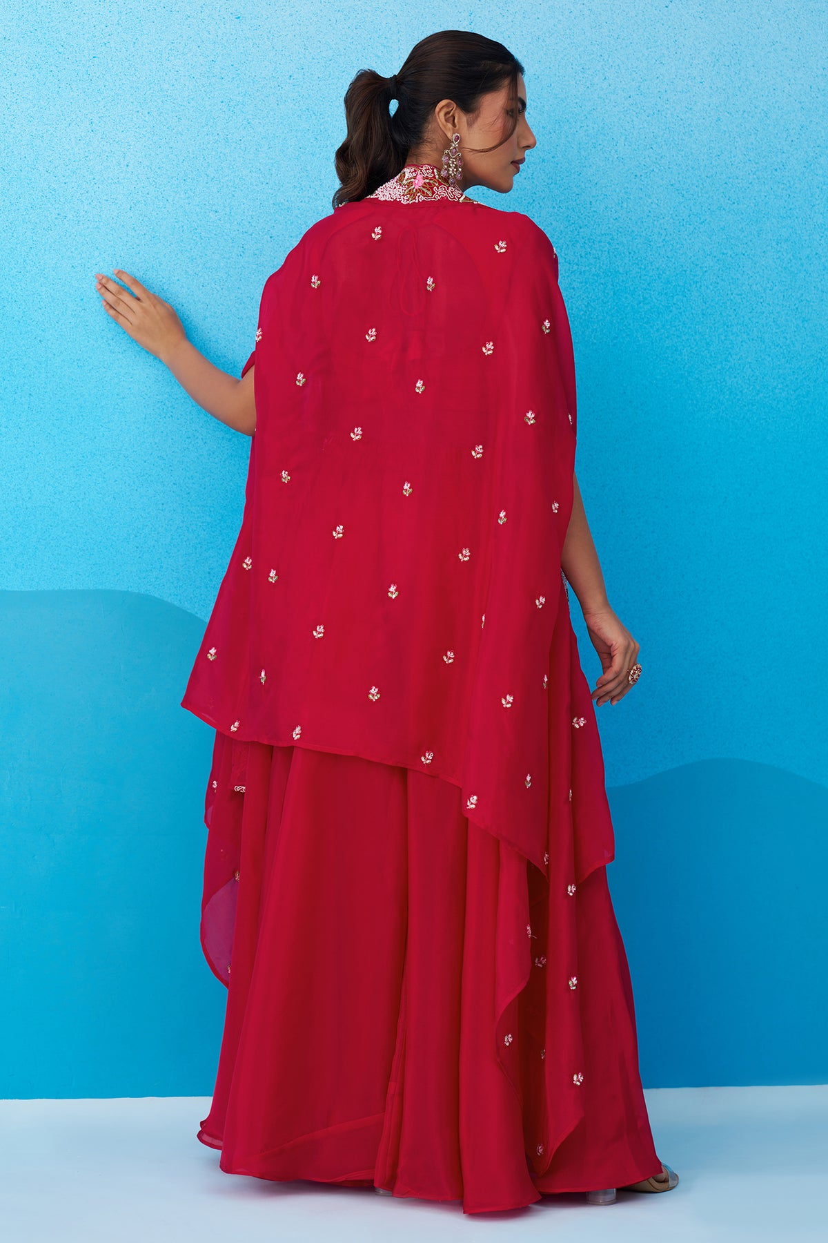 Dark Pink Crepe Embroidered Crop Top with Flared Cape and Flared Palazzo Set - red crepe saree embroidered