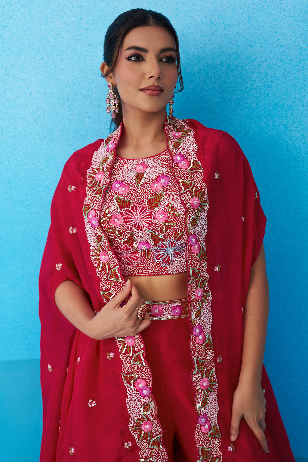 Fabric details of Dark Pink Crepe Embroidered Crop Top with Flared Cape and Flared Palazzo Set