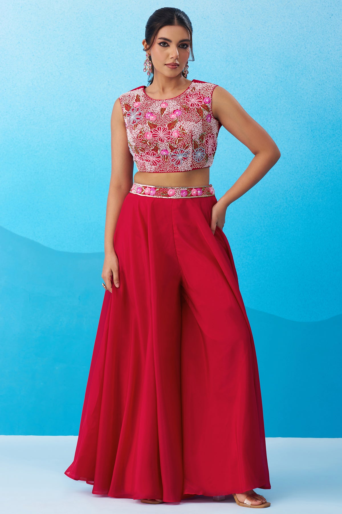 Side profile of Dark Pink Crepe Embroidered Crop Top with Flared Cape and Flared Palazzo Set