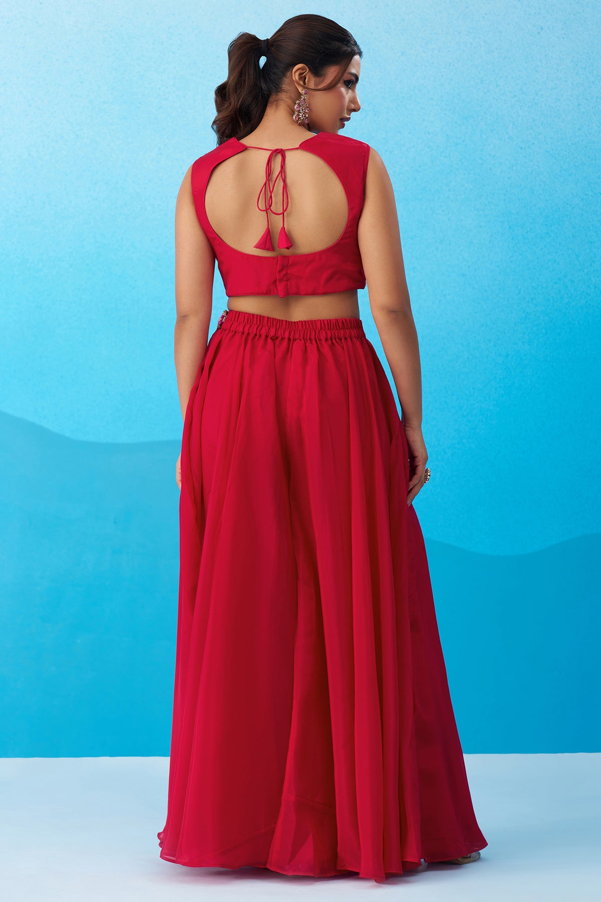 Dark Pink Crepe Embroidered Crop Top with Flared Cape and Flared Palazzo Set - red crepe saree embroidered