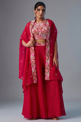 Dark Pink Crepe Embroidered Crop Top with Flared Cape and Flared Palazzo Set