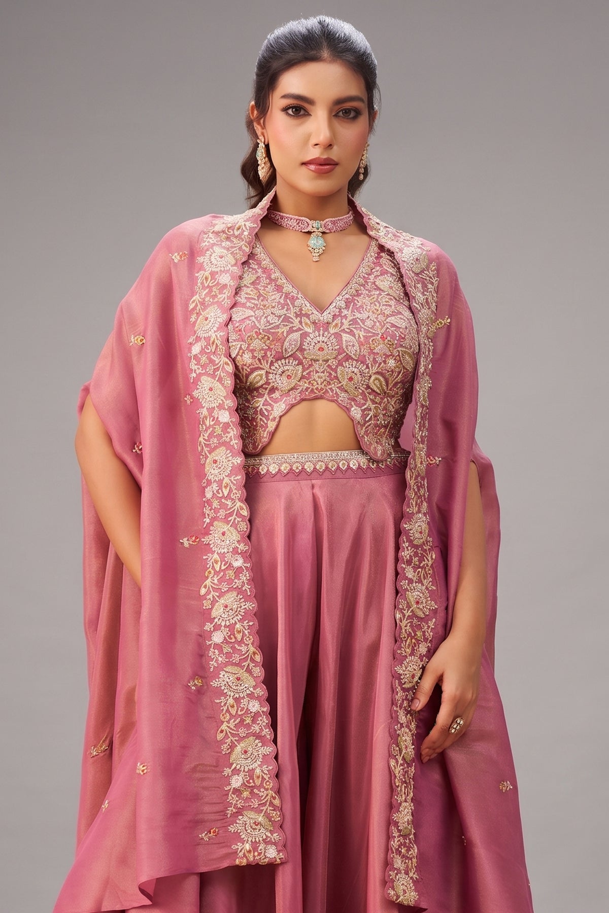 Close up of Coral Pink Crepe Beads Embroidered Crop Top with Cape and Flared Palazzo Set Bodice