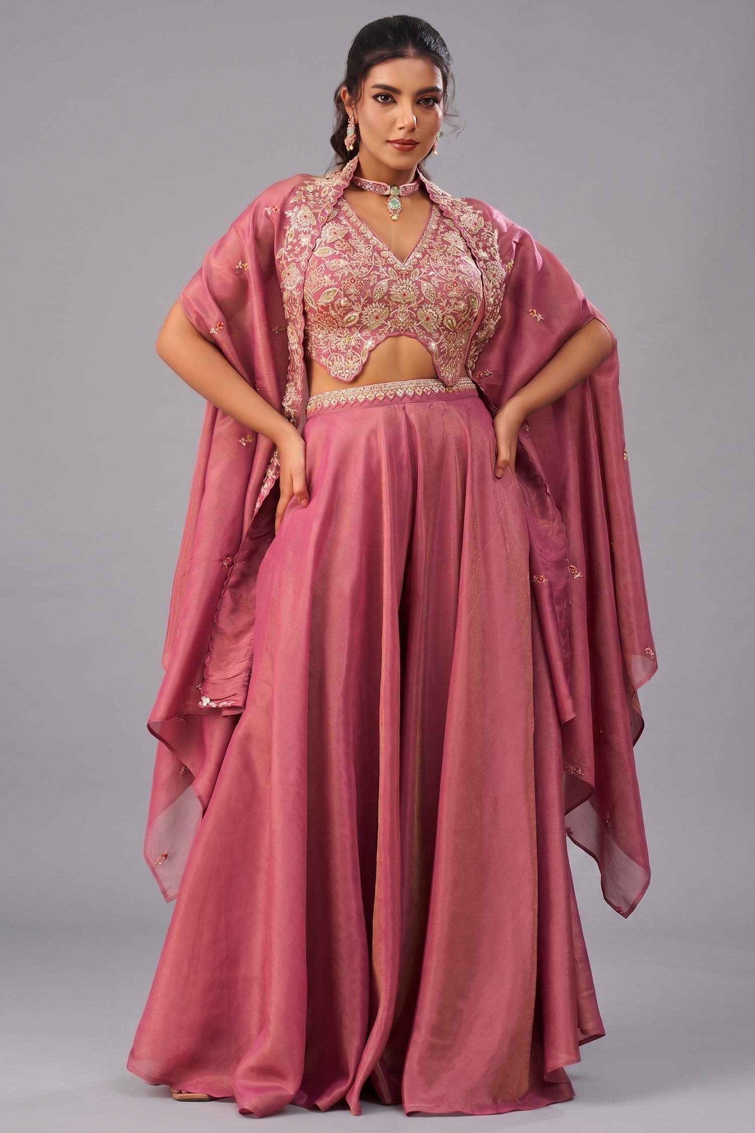 Coral Pink Crepe Beads Embroidered Crop Top with Cape and Flared Palazzo Set Front View Main image