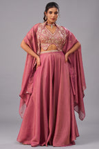 Coral Pink Crepe Beads Embroidered Crop Top with Cape and Flared Palazzo Set Front View