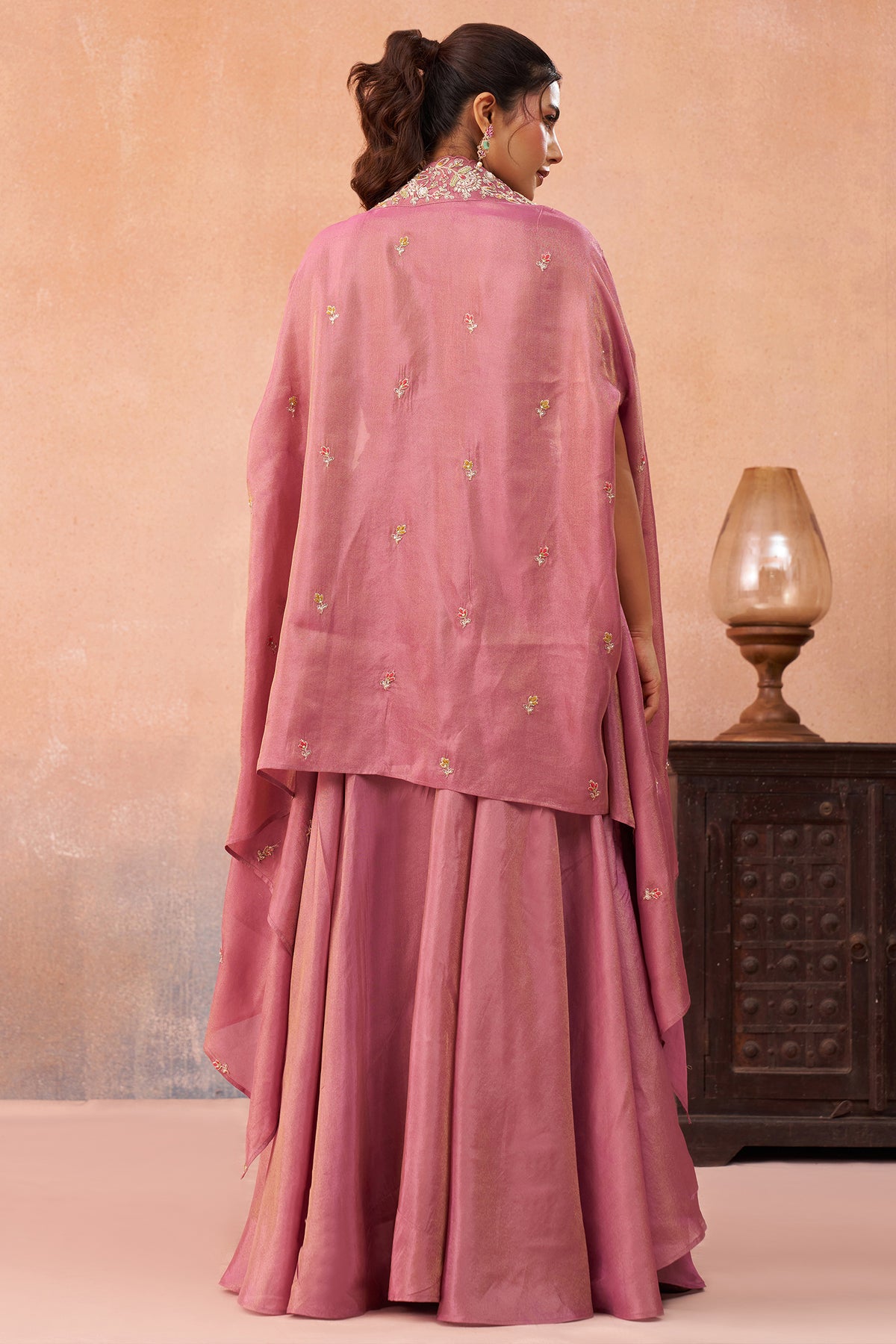 Coral Pink Crepe Beads Embroidered Crop Top with Cape and Flared Palazzo Set - red crepe saree embroidered