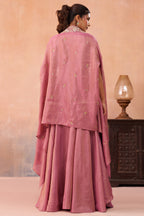 Coral Pink Crepe Beads Embroidered Crop Top with Cape and Flared Palazzo Set - red crepe saree embroidered