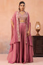 Model wearing Coral Pink Crepe Beads Embroidered Crop Top with Cape and Flared Palazzo Set